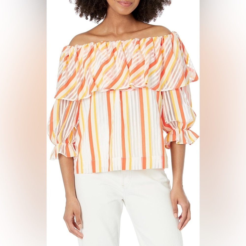 ☀️ NWT Trina Turk Off-Shoulder Striped Ruffle Blouse – Size Large